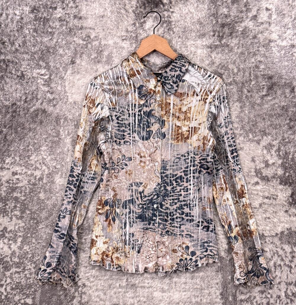 Komarov Top Large Womens Charmeuse Crinkle Lace Up Back Button Shirt Abstract